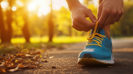 Close-up of a person lacing up running shoes, focus on hands and laces, blurred morning park in the background, warm sunlight.