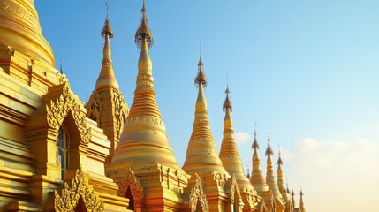 Fototapeta premium The golden spires of the Ananda Temple in Bagan, shining brightly under the midday sun.