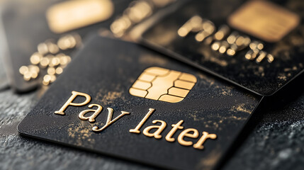 Close-up of a black credit card with the "Pay Later" option in gold lettering