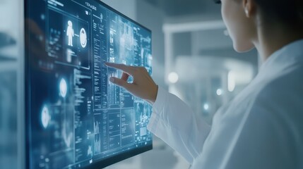 Close-up of a doctor reviewing cloud-based patient records on a touchscreen, focus on data interface, blurred clinic background, natural light.