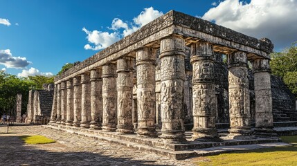 Fototapeta premium The grand facade of the Temple of the Warriors at Chichen Itza, with its imposing stone columns and carvings.