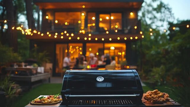 A backyard barbecue grill with friends and family enjoying dinner in the background.