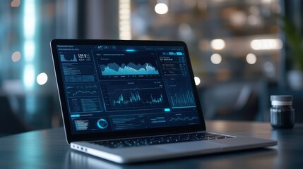 Detailed shot of a laptop displaying a virtual health dashboard with cloud synchronization, focus on real-time data points, blurred modern office.