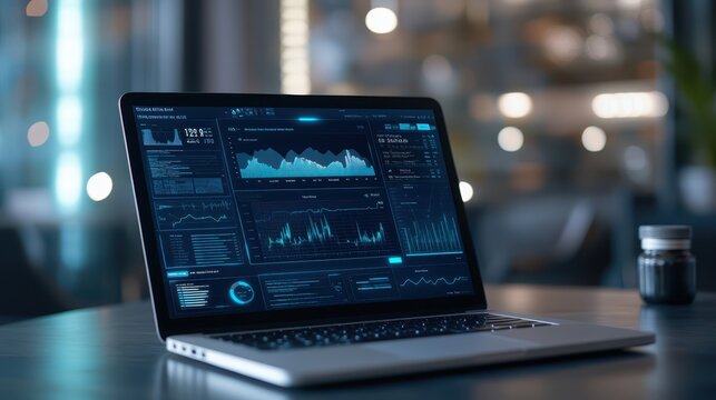 Detailed shot of a laptop displaying a virtual health dashboard with cloud synchronization, focus on real-time data points, blurred modern office.