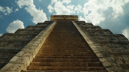 Fototapeta premium The grandeur of El Castillo at Chichen Itza, seen from the base looking up at the steep steps.