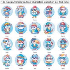 Obraz premium Kawaii Animals Cartoon Characters Collection Set of 100 Isolated Animals Part 5
