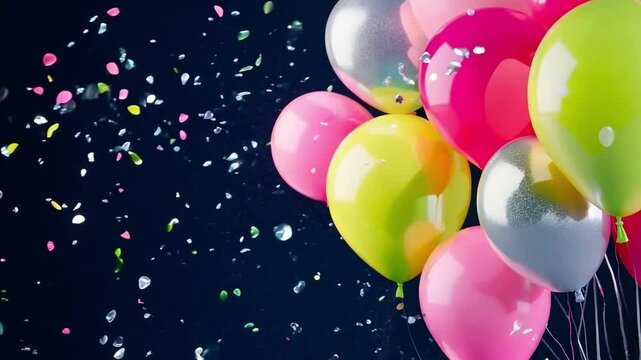 Balloons in vibrant fluorescent colors rise with scattered confetti celebrating a joyful occasion or event on dark background