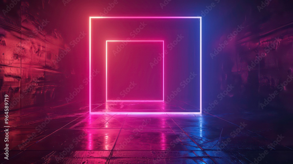 Sticker two glowing neon rectangular frames in a dark room with a textured floor.