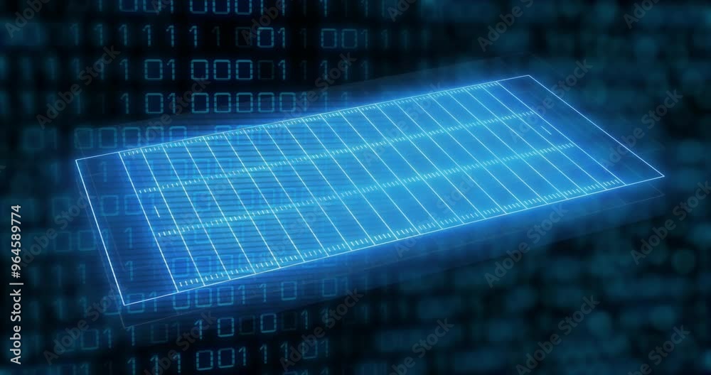 Poster animation of neon shapes moving over binary coding