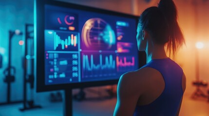 Detailed shot of a virtual fitness trainer on a large screen, focus on the health stats, blurred home gym in the background, vibrant lighting.