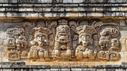 Obraz premium The historic carvings on the walls of the Great Ball Court at Chichen Itza, showing scenes of ancient rituals.