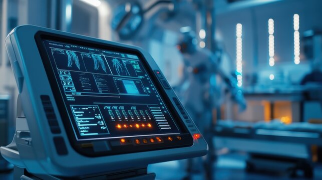 Detailed shot of a surgical robot's control panel with holographic data, focus on the glowing interface, blurred high-tech operating room behind.