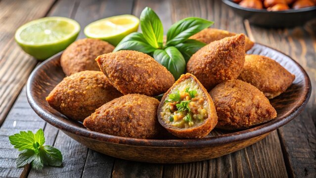Crispy deep fried kibbeh made of ground beef meat, Middle Eastern cuisine with a crunchy exterior