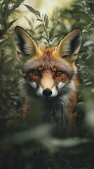 Fototapeta premium A close-up portrait of a fox blending into its lush green surroundings, showcasing its striking features and curious expression.