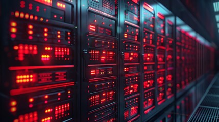 Obraz premium Advanced Data Center with Red LED Lights Highlighting Server Racks for Mitigating Cybersecurity Risks and Ensuring Data Protection