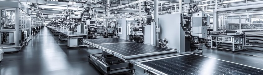 Factory floor filled with automated machines producing solar cells side view portraying industrialscale energy production digital tone Black and White