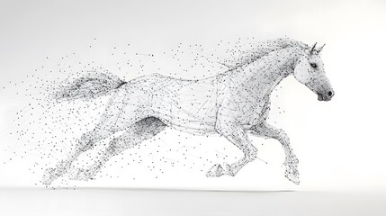 Fototapeta premium Running Horse from Lines: A dynamic image of a galloping horse, its powerful form outlined by flowing lines and clusters of dots representing its muscles. 