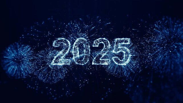 Festive fireworks and glittering numbers for the year 2025 on a dark blue background.