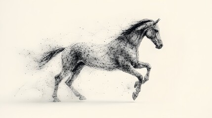 Fototapeta premium Running Horse from Lines: A dynamic image of a galloping horse, its powerful form outlined by flowing lines and clusters of dots representing its muscles. 