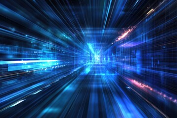 Dynamic blue light trails create an immersive digital space, embodying speed and technology in a stunning abstract design.