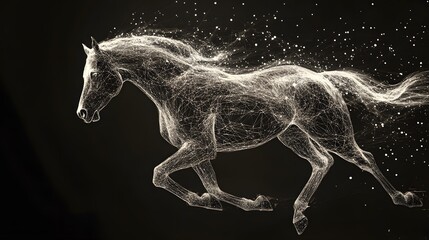 Fototapeta premium Running Horse from Lines: A dynamic image of a galloping horse, its powerful form outlined by flowing lines and clusters of dots representing its muscles. 