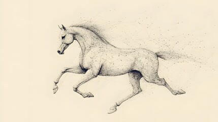 Fototapeta premium Running Horse from Lines: A dynamic image of a galloping horse, its powerful form outlined by flowing lines and clusters of dots representing its muscles. 