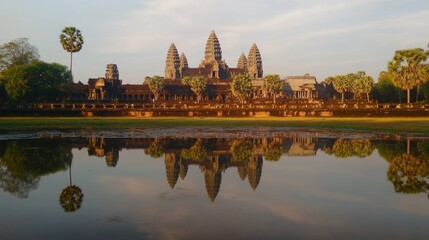 Fototapeta premium The iconic towers of Angkor Wat reflected in the surrounding moat at sunrise.