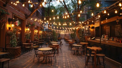 Experience the Warmth of a Classic Outdoor Caf&eacute;, Adorned with Glowing Lights and Inviting Tables for Relaxing Evenings.