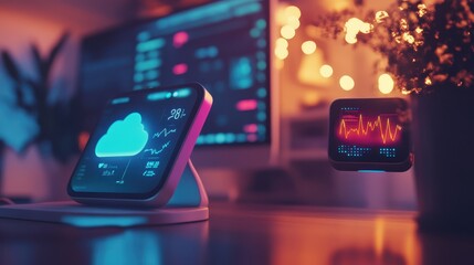 Detailed shot of a wearable health device syncing to a cloud database, sharp focus on glowing data transfer, blurred background of a tech workspace.