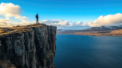 The iconic view of the Sgsvatn lake, perched above the ocean on the island of