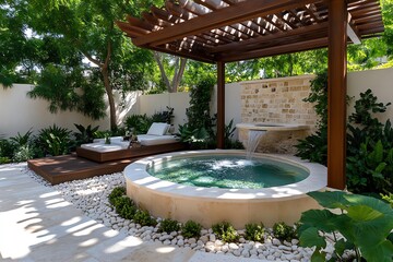 Outdoor bathtub, pergola overhead, partial shade provides an elegant structure that allows light and shadow to dance over your bath
