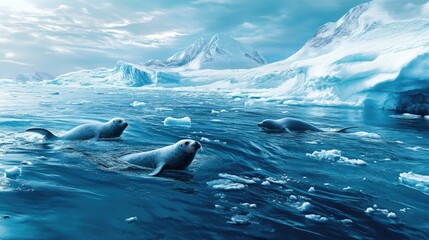 The icy waters of Antarctica, with a group of seals swimming near the edge of the ice.