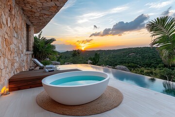 Obraz premium Outdoor bathtub, sunset views, golden hour glow provides the perfect setting for a relaxing evening as the sun sets on the horizon