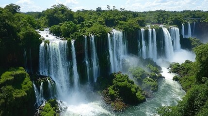 Fototapeta premium The Iguazu Falls as seen from the Argentinian side, with the waterfalls stretching across the horizon and surrounded by lush greenery.