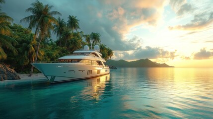 Luxury Yacht Docked at Sunset in Tropical Paradise