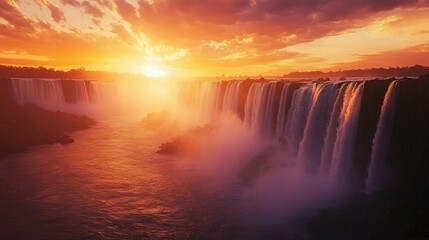 The Iguazu Falls at sunset, with the sky ablaze with color and the waterfalls casting long shadows.