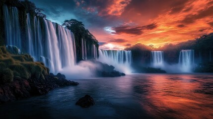 Fototapeta premium The Iguazu Falls at sunset, with the sky ablaze with color and the waterfalls casting long shadows.