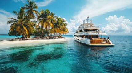 Fototapeta premium Luxury Yacht Anchored Near a Tropical Island