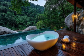 Outdoor bathtub, wooden deck, rustic charm combines natural elements with modern luxury for a tranquil escape