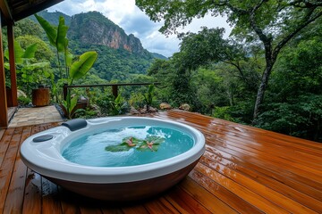 Outdoor bathtub, wooden deck, rustic charm combines natural elements with modern luxury for a tranquil escape