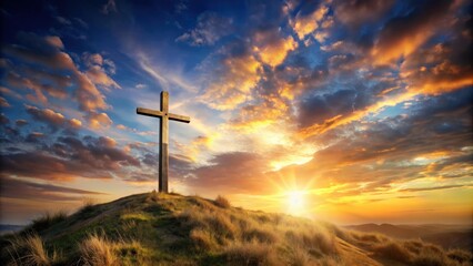 A powerful image of a cross standing on a hill, symbolizing faith, spirituality, hope, and redemption