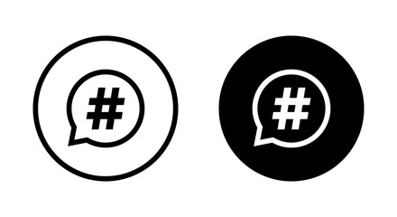 Hashtag speech bubble icon on black circle. Social media element concept