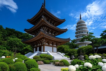 Fototapeta premium Pagoda temple, multi-tiered roofs, intricate carvings rises above a tranquil garden, symbolizing the ascent toward enlightenment