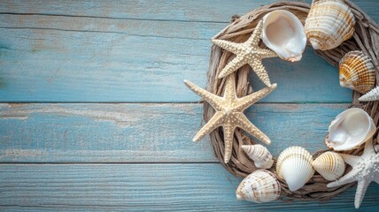 A coastal wreath made of driftwood adorned with seashells and starfish, creating a charming seaside decoration on blue wood background.