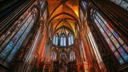 The interior of the St. Vitus Cathedral in Prague, showcasing its stunning Gothic architecture and stained glass windows.
