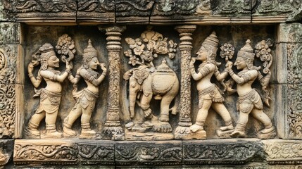 The intricate carvings on the stone walls of Angkor Wat, depicting scenes from Hindu mythology.