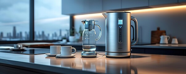 Stainless steel electric kettle with glass carafe on kitchen counter, two cups of coffee in front. Modern kitchen appliance for brewing hot drinks.
