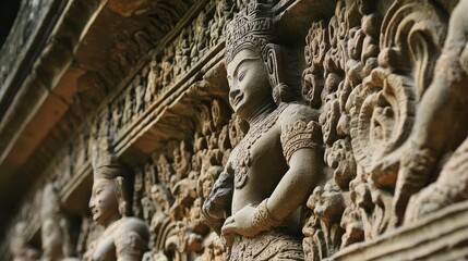 Obraz premium The intricate carvings on the walls of Angkor Wat, depicting ancient Hindu mythology.