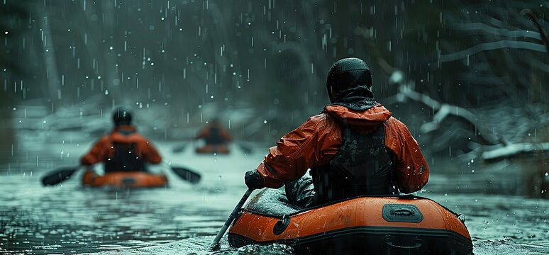 Three people in kayaks paddling through a river in heavy rain. The kayakers are wearing rain gear and helmets.