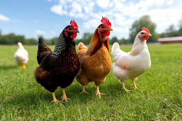 Fototapeta premium Poultry farm, heritage breeds, traditional farming raises chickens of historic breeds, preserving genetic diversity and rich flavors